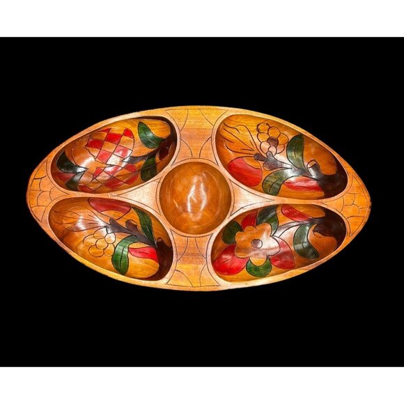 VTG MCM Hand-Carved Exotic Wood Divided Serving Bowl W/ Hand-Painted Floral Desi - Picture 1 of 13